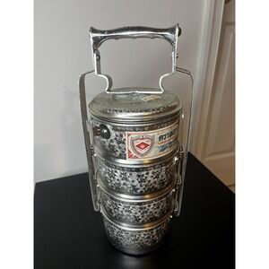 1x 14 cm Thai Vintage Tiffin Lunch Box  Aluminum Bento Food Carrier Floral Desig